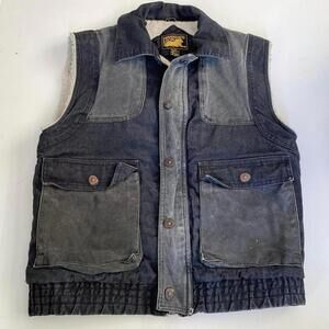 Green and black vintage denim vest with sherpa lining. Canvas material.